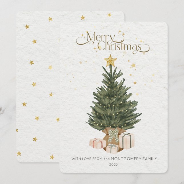 Tarjeta Navideña de árbol de Navidad verde rústico (Anverso / Reverso)
