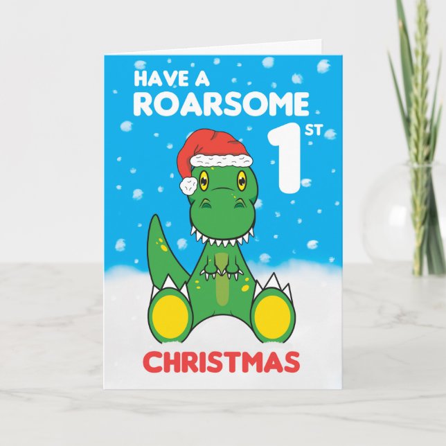 Tarjeta navideña de dinosaurios para Navidades roj (Anverso)