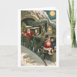 Tarjeta navideña de época "Santa en un tren"