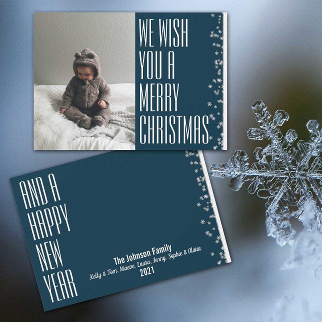 Tarjeta navideña de festividad con fotos azul y ni (Wish them all a Merry Christmas & Happy New Year with these cool blue holiday photo cards.)