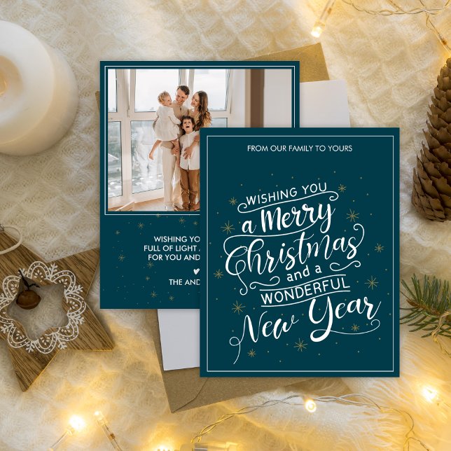 Tarjeta navideña de festividad verde azulada (Teal Merry Christmas New Year Photo Holiday Card)