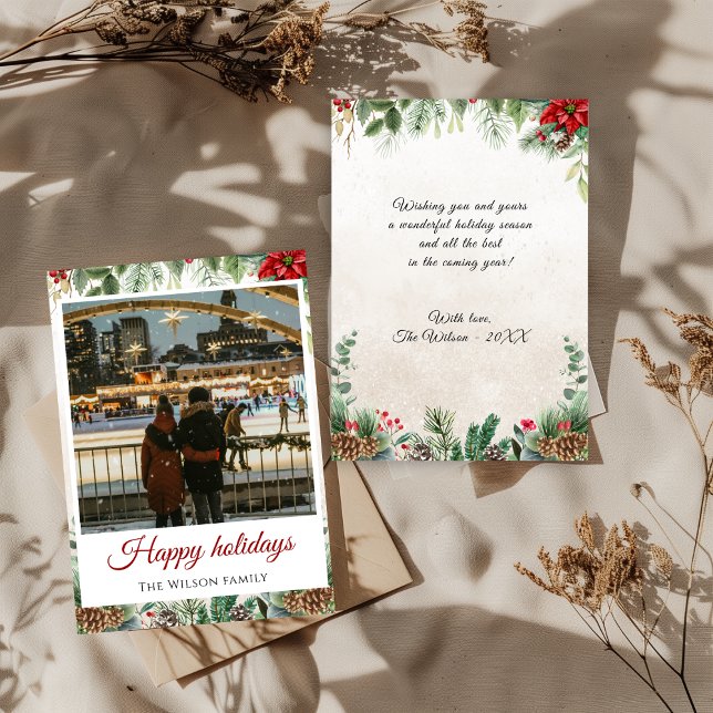 Tarjeta navideña de fotografía con marco floral de (Subido por el creador)