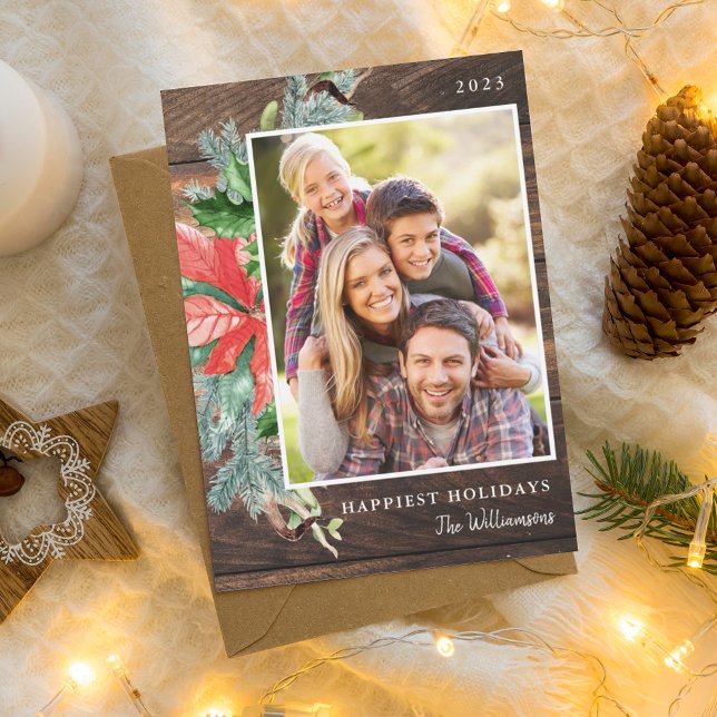 Tarjeta navideña de fotografía de follaje de Navid (Rustic Christmas Foliage Photo Holiday Card)