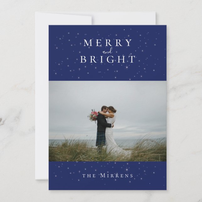 Tarjeta navideña de fotos azul de invierno con des (Anverso)