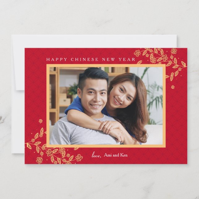 Tarjeta navideña de fotos de Año Nuevo china flore (Anverso)