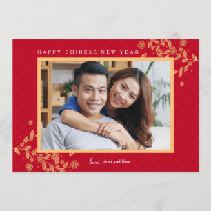Tarjeta navideña de fotos de Año Nuevo china flore