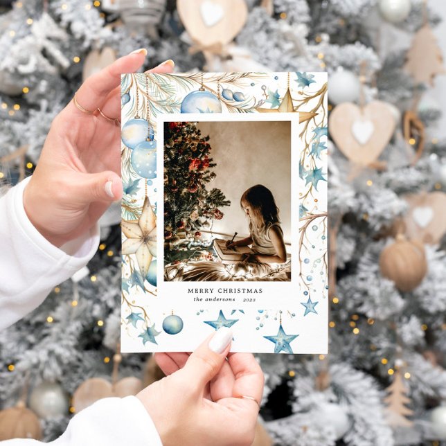 Tarjeta navideña de fotos de Blue Ornaments Stars (Subido por el creador)