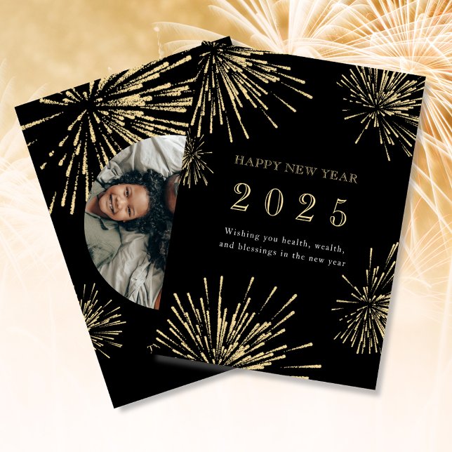 Tarjeta navideña de fotos de oro negro de Año Nuev (Subido por el creador)