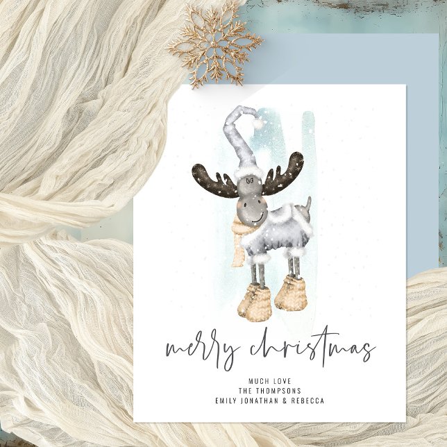 Tarjeta navideña de merry con guión de reno corto  (Front and Back View)