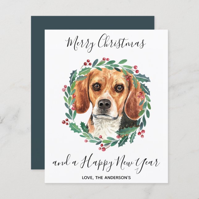 Tarjeta navideña de merry de perro beagle con pres (Anverso / Reverso)