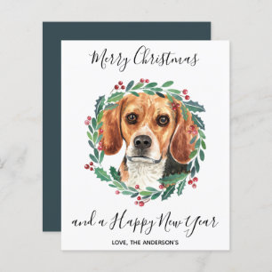 Tarjeta navideña de merry de perro beagle con pres