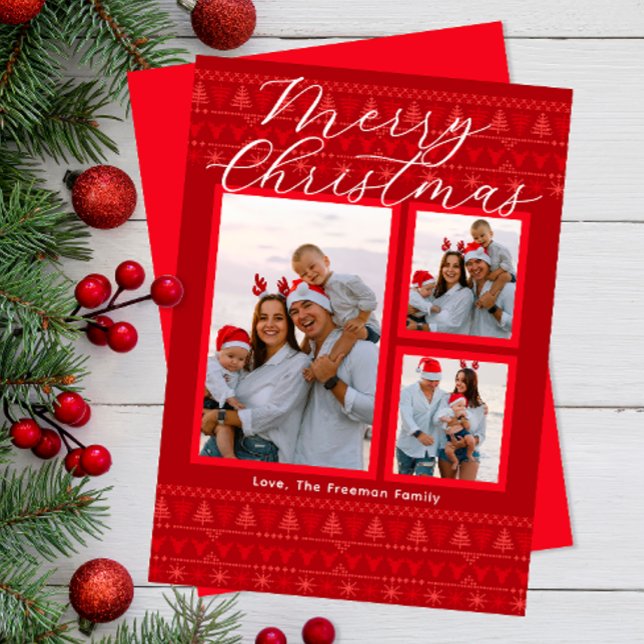 Tarjeta navideña de moras nórdica multifoto roja (Festive Holiday Card)