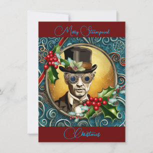 Tarjeta navideña de navidad plana Merry Steampunk