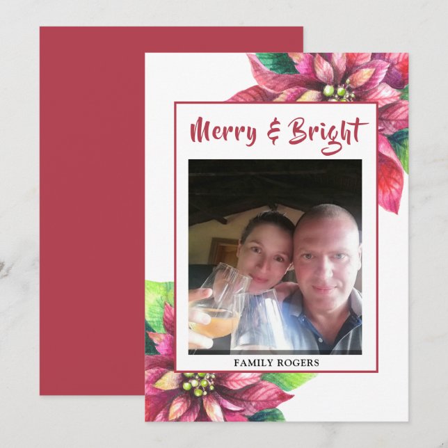 Tarjeta navideña de Navidades de Poinsettia Roja (Anverso / Reverso)