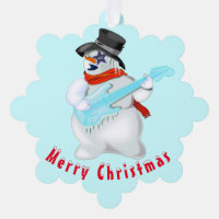 Tarjeta navideña de ornamentos Snowmans con guitar