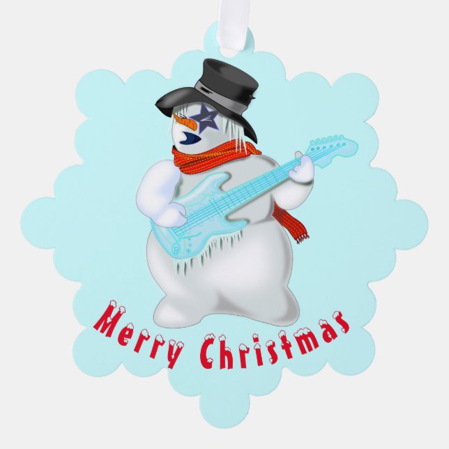 Tarjeta navideña de ornamentos Snowmans con guitar (Anverso)