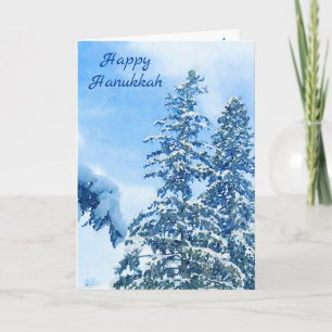 Tarjeta navideña de pinos azules cubierta de nieve