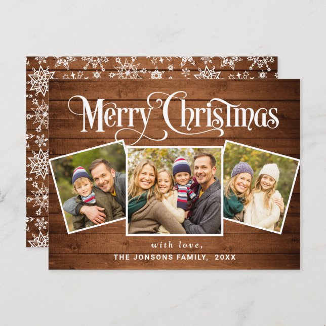 Tarjeta navideña de saludo Rústico de 3 FOTOS para (Anverso / Reverso)