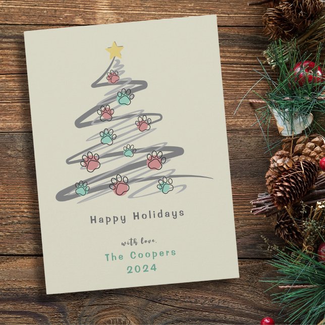 Tarjeta navideña de vacaciones con ornamento impre (Happy Holidays! Festive Christmas Tree with cute paw print ornaments. Simple and modern Xmas card!)