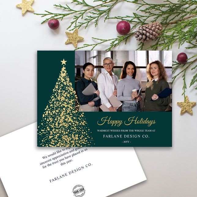 Tarjeta navideña de vacaciones de oro (Custom Photo Gold Christmas Tree Business Holiday Card)