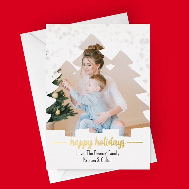 Tarjeta navideña de vacaciones de Relieve metaliza (Christmas Tree Cut Out - Happy Holidays Photo Card - Real Gold Foil)