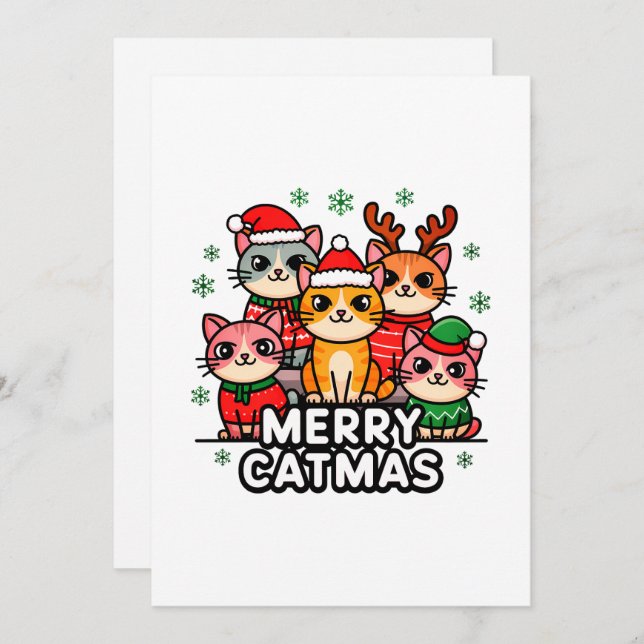 Tarjeta navideña divertida de Merry Catmas (Anverso / Reverso)