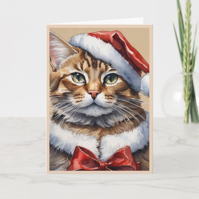 Tarjeta Navideña Doble de Gato Feliz Navidad (Anverso)