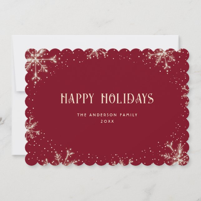 Tarjeta navideña feliz de nieve con copo rojo mode (Anverso)
