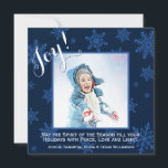 Tarjeta navideña festiva de los navidades joy Blue<br><div class="desc">Esta tarjeta festiva es una hermosa manera de enviar saludos de Navidad. Tiene copos de nieve azules en un fondo marino con una foto cuadrada en el centro. La leyenda dice: ¡Alegría! Hay espacio para hacer un saludo corto. La parte posterior es blanca con copos de nieve azul pálido, así...</div>