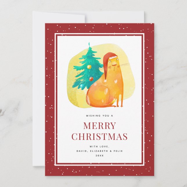 Tarjeta navideña Fino Cat Tree Snow Red Merry (Anverso)