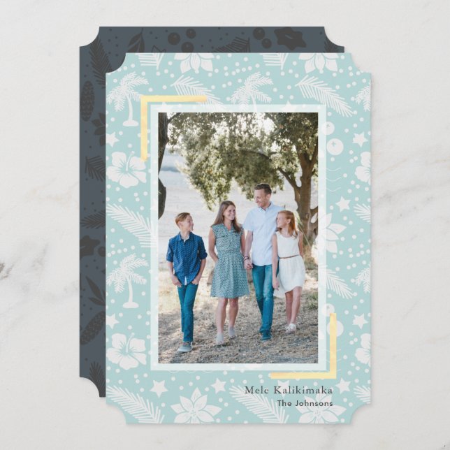 Tarjeta navideña fotográfica azul Mele Kalikimaka (Anverso / Reverso)