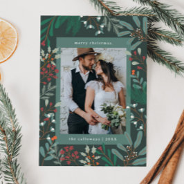 Tarjeta navideña fotográfica verde botánica para n