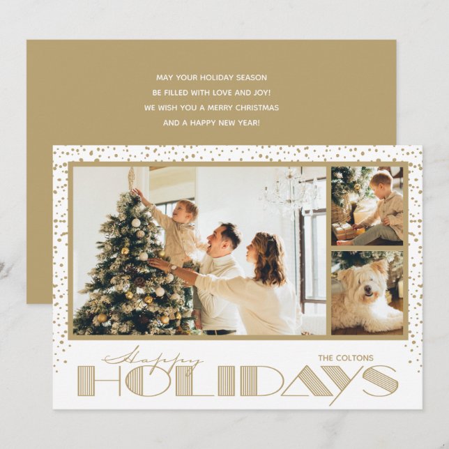 Tarjeta navideña Gold Multiple Photo Happy (Anverso / Reverso)