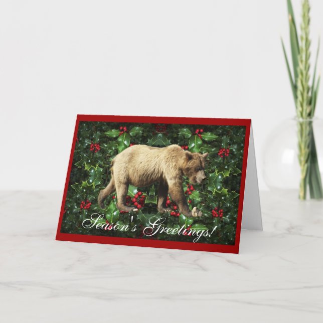 Tarjeta navideña grizzly con saludos de temporada (Anverso)