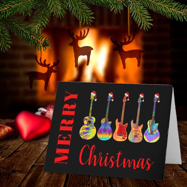 Tarjeta navideña Guitar Santa Merry (Merry christmas guitar Santa fun personalized folded holiday card)