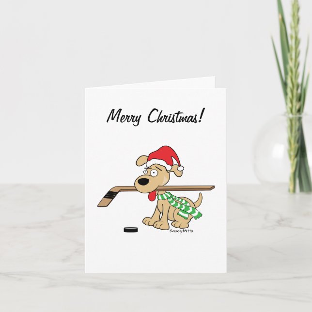 Tarjeta navideña Hockey Dog Merry (Anverso)