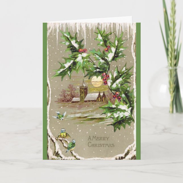 Tarjeta navideña Holly and Church Vintage (Anverso)