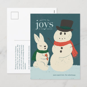 Tarjeta navideña ilustrada de conejito y muñeco de