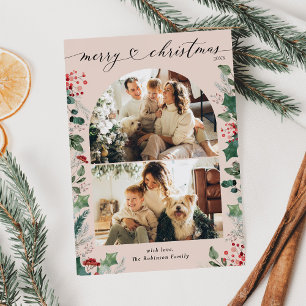 Tarjeta navideña merry de foto botánica rosa de Ru