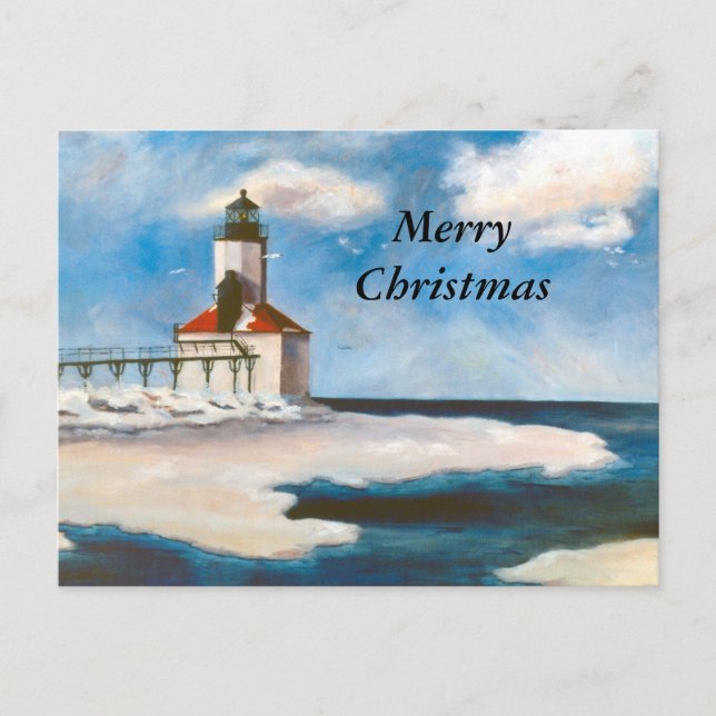 Tarjeta navideña Michigan City Light Merry (Anverso)