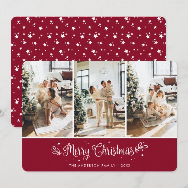 Tarjeta navideña moderna de 3 estrellas fotográfic (Anverso / Reverso)