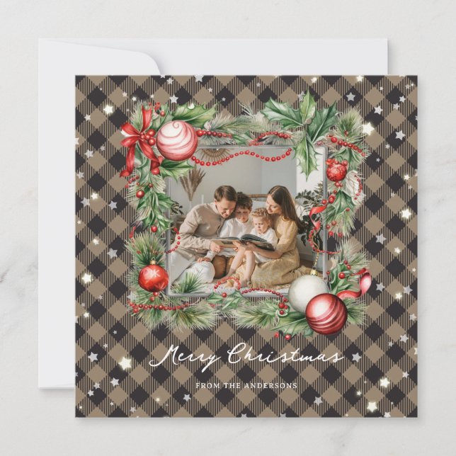 Tarjeta navideña moderna Plaid Starry Photo (Anverso)
