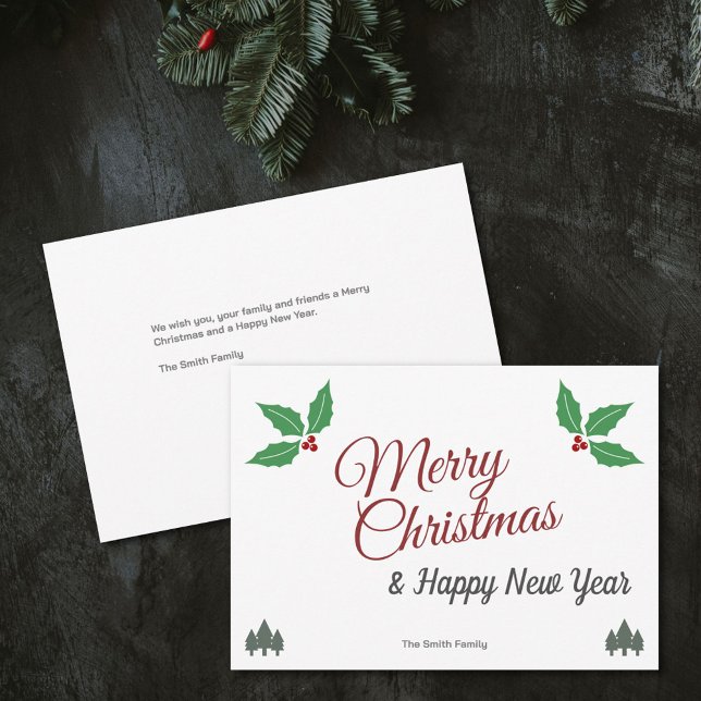 Tarjeta navideña navideña de Feliz (Merry Christmas Holly Holiday Card)