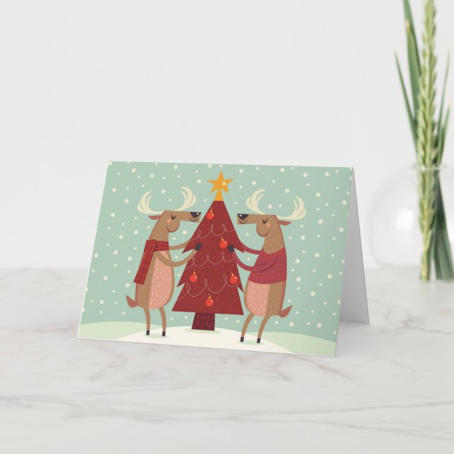 Tarjeta navideña para renos decorando árboles de N (Anverso)