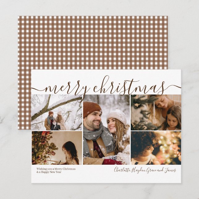 Tarjeta navideña personalizada de 5 fotos Merry (Anverso / Reverso)