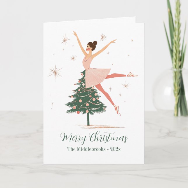 Tarjeta navideña plegada Ballerina de petaca rosad (Anverso)