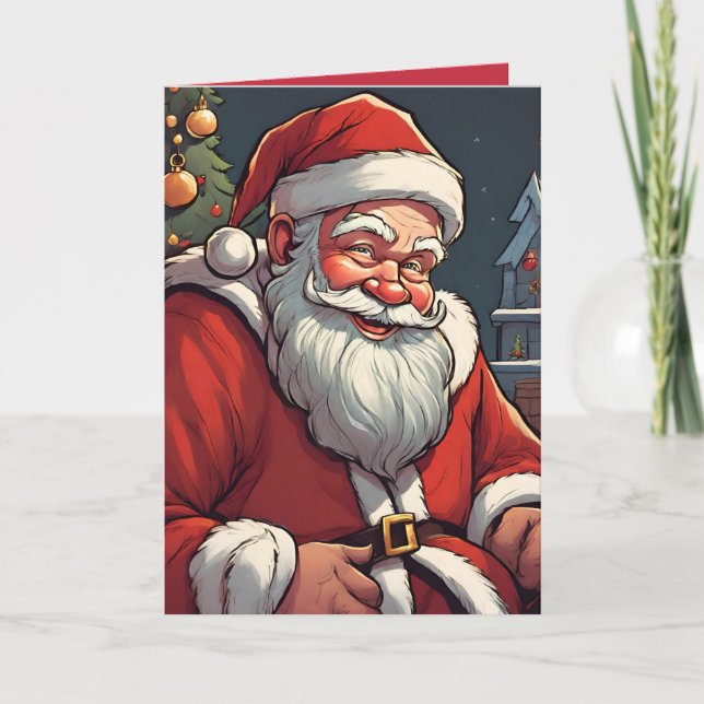Tarjeta navideña plegada de diseño de Santa Retro (Anverso)
