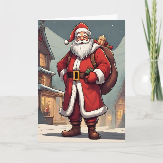 Tarjeta navideña plegada de diseño de Santa Retro (Anverso)