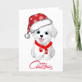 Tarjeta navideña plegada de perrito maltés Merry C