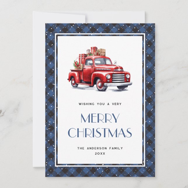 Tarjeta navideña Red Truck Blue Plaid Merry (Anverso)